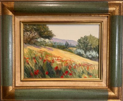une peinture à l'huile représentant un champ avec des coquelicots au premier plan