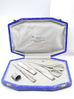 a blue case with silverware in it and a pair of scissors in it