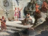 a painting of a group of people gathered around a fountain