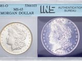 a close up of a silver morgan dollar on a card