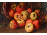 painting of apples in a basket on a table next to a vase