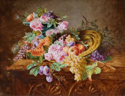 peinture d'une nature morte de fruits et de fleurs sur une table