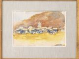 une aquarelle représentant un village de montagne