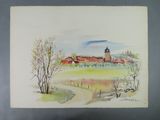 painting of an old farm with a church in the distance