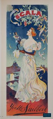 une vieille affiche représentant une femme en robe blanche tenant un oiseau