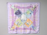 purple and yellow scarf with a picture of a cat and a dog on it