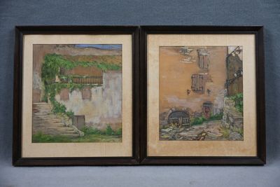 École XXème, "Vue de maison", 2 dessins à l'aquarelle en pen…