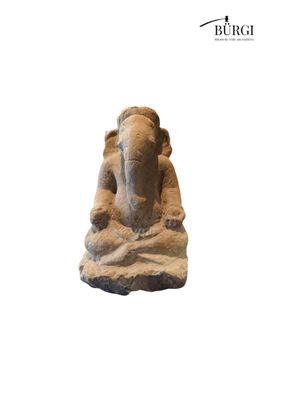 statue of an elephant sitting on a rock on a white background