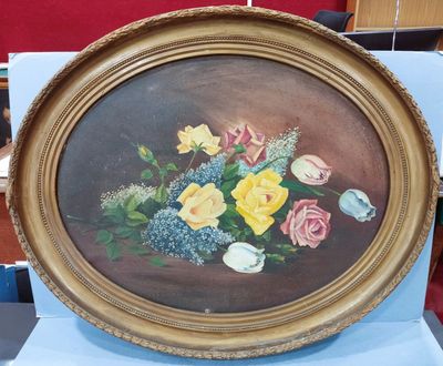 a picture of a painting of flowers in a gold frame