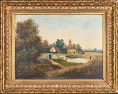 a painting of a farm scene with a pond in the foreground
