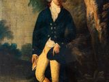an old painting of a man in a blue jacket and white pants