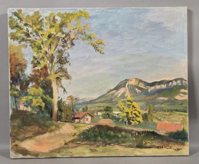 an oil painting of a rural scene with a mountain in the background