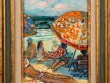 an oil painting of people sitting on the beach under an umbrella