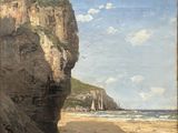 une peinture représentant une plage rocheuse avec des rochers sur le rivage