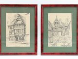 two framed drawings of a house and a building on a white background
