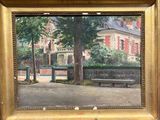 une peinture représentant un banc de parc devant un immeuble
