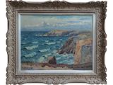 an image of a painting of a rocky coast with waves coming in