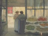 un tableau représentant deux femmes debout devant une fenêtre