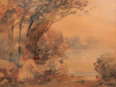 an image of a painting of a man sitting under a tree
