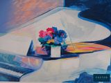 un tableau représentant un piano blanc orné de fleurs