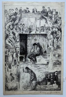 un vieux dessin représentant un groupe de personnes devant un bâtiment