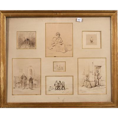 une vieille image représentant un ensemble de dessins de personnes et d'animaux