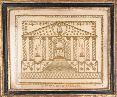 une broderie au point de croix représentant un bâtiment surmonté d'une horloge