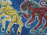 a painting of two dogs playing soccer with each other