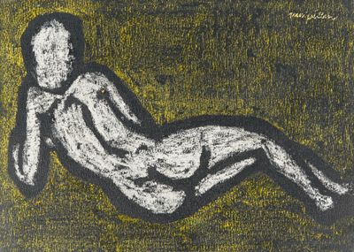 dessin représentant un homme allongé par terre, les mains sur le menton