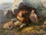 painting of a group of people in a rocky area with sheep