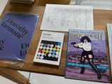 a table with books, a calculator, a calculator, and a calculator on it