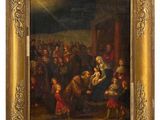 a painting of a woman holding a baby in a room with other people