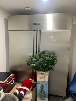 un sapin de Noël dans une boîte, à côté d'un réfrigérateur