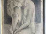 drawing of a nude woman sitting on a bed with her hands on her knees