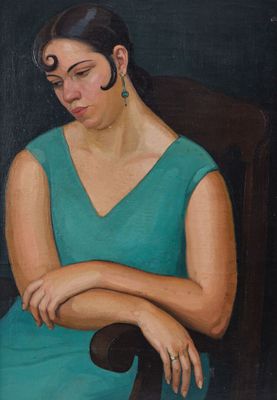 peinture d'une femme en robe bleue assise sur une chaise