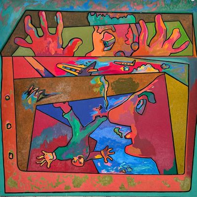 a painting of a man in a box with a bird in it