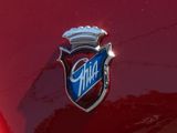 a shiny emblem on the hood of a red car