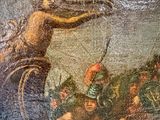 a painting of a man on a boat in the water