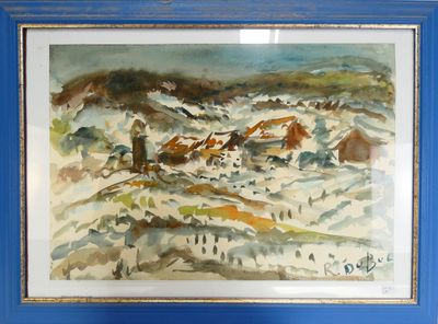 une image d'un tableau représentant un village dans la neige