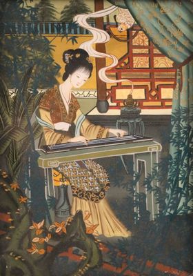 tableau représentant une femme assise à une table en train de jouer d'un instrument de musique