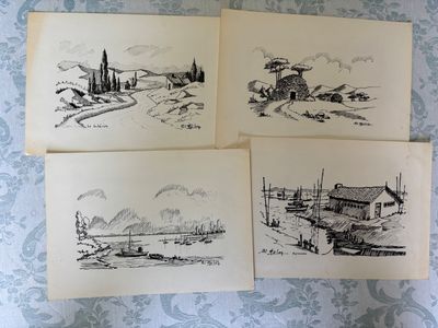 trois dessins représentant un village et une église sur un fond bleu et blanc