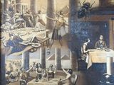 peinture d'un groupe de personnes assises autour d'une table dans une pièce
