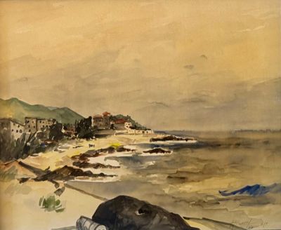 a watercolor painting of a boat on the beach