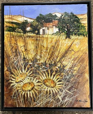 an oil painting of a cactus plant in a field with a barn in the background
