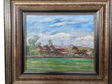 painting of a group of horses running in a field with a sky background