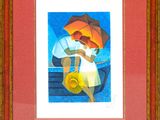 un tableau représentant une femme tenant un parapluie et un homme assis sur un banc