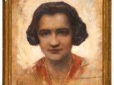 an old painting of a woman in a red shirt