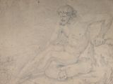 drawing of a man sitting on a rock with a dog