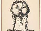 an image of a black and white drawing of a man holding a giant head