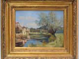 a painting of a river with a house in the background